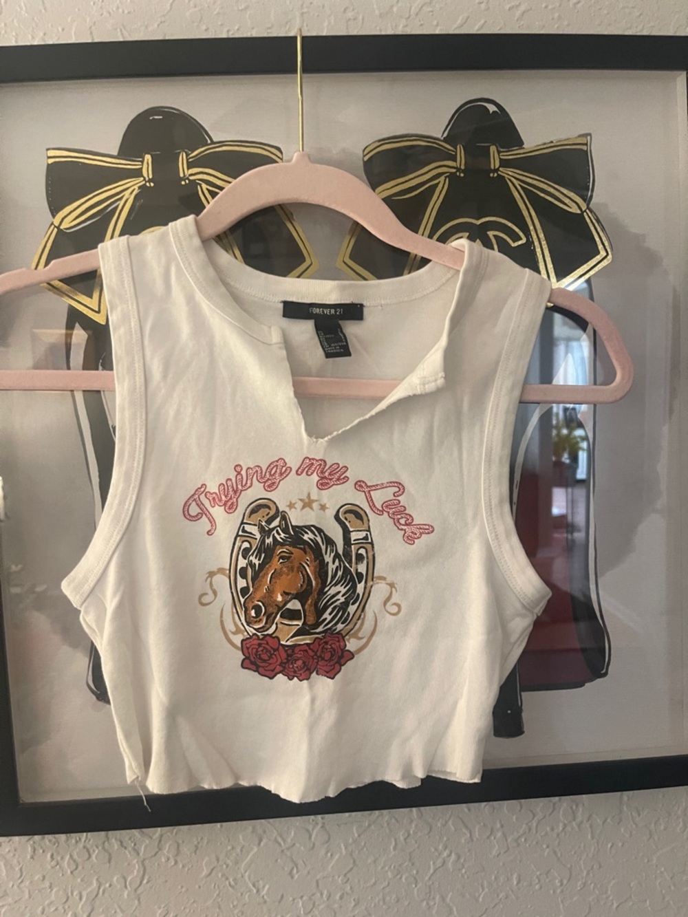 Forever 21 White Crop Tank with Horse & Horseshoe Graphic